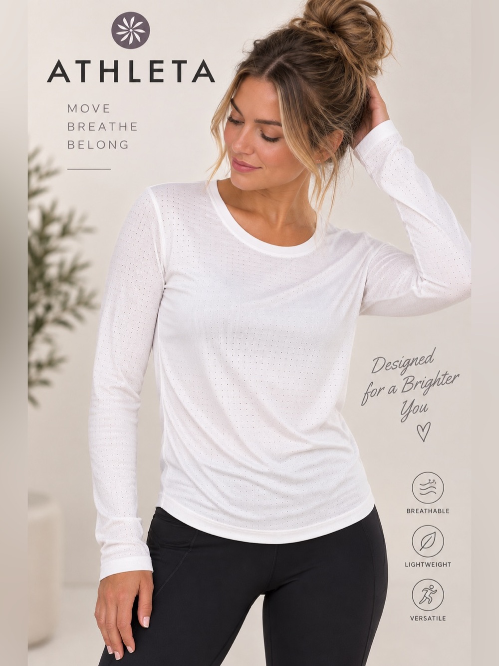 Athleta L White Perforated Long Sleeve Performance Workout Top